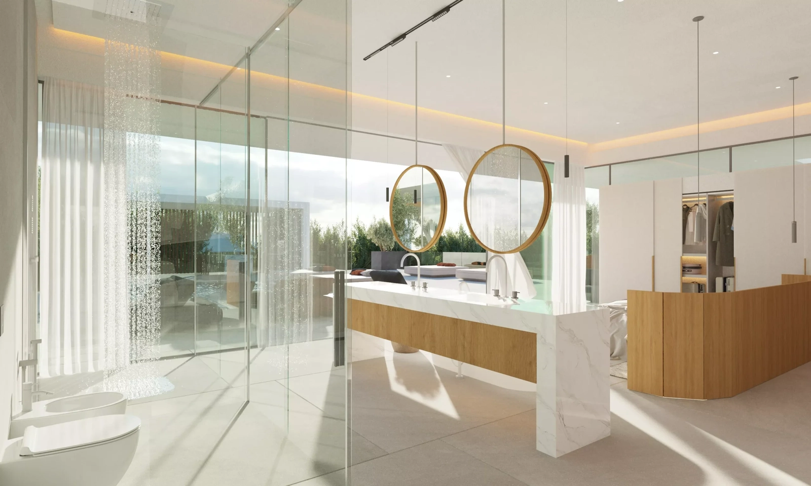 Een luxueuze badkamer met een inloopdouche en direct uitzicht op het buitenterras.