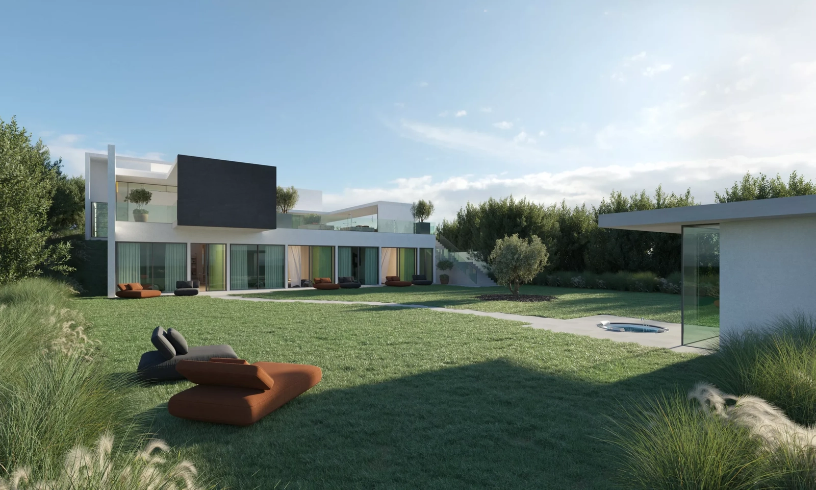 De uitgestrekte privétuin biedt een serene en groene ruimte rondom deze luxe woning.