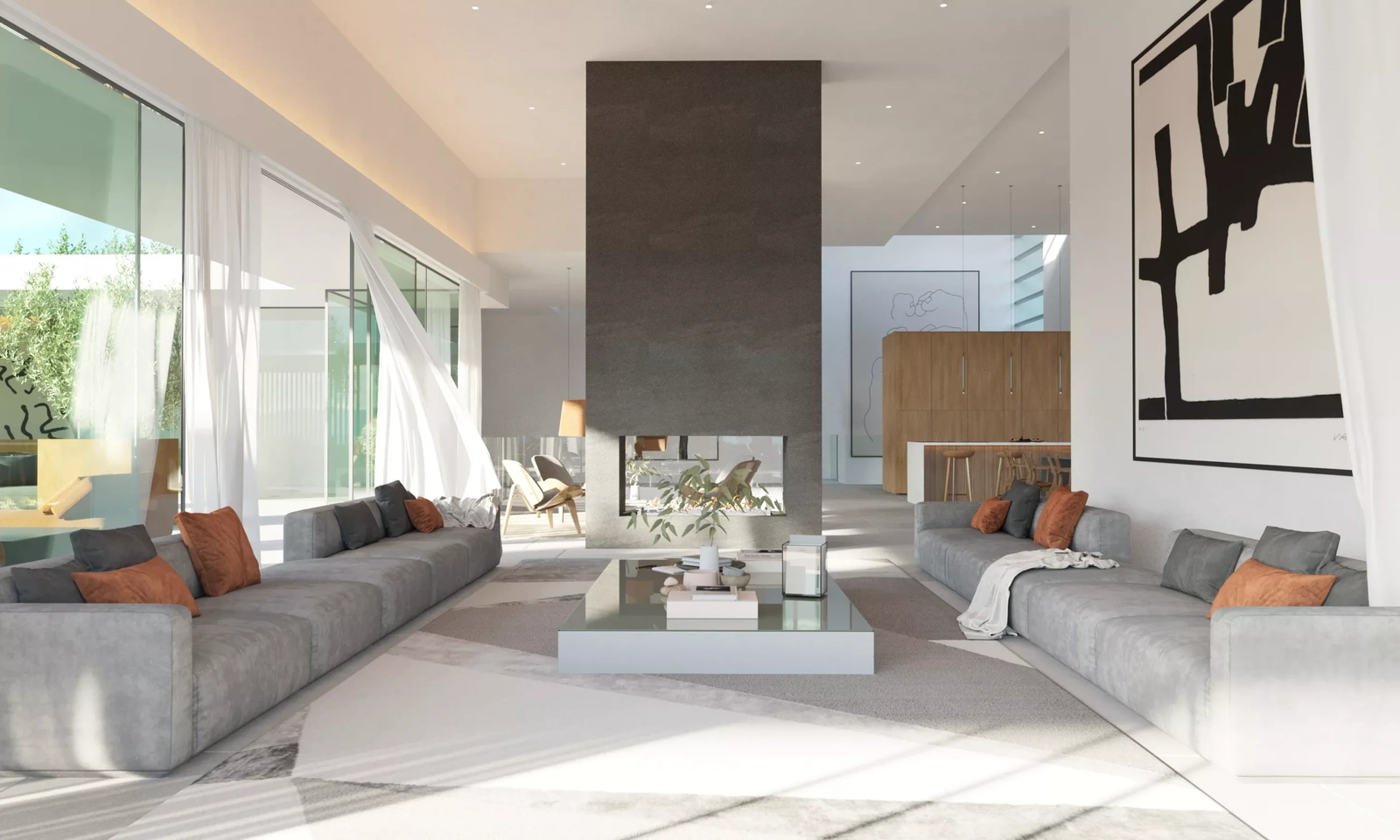 Een centrale dubbelzijdige open haard creëert een warme en uitnodigende sfeer in de open woonruimte.