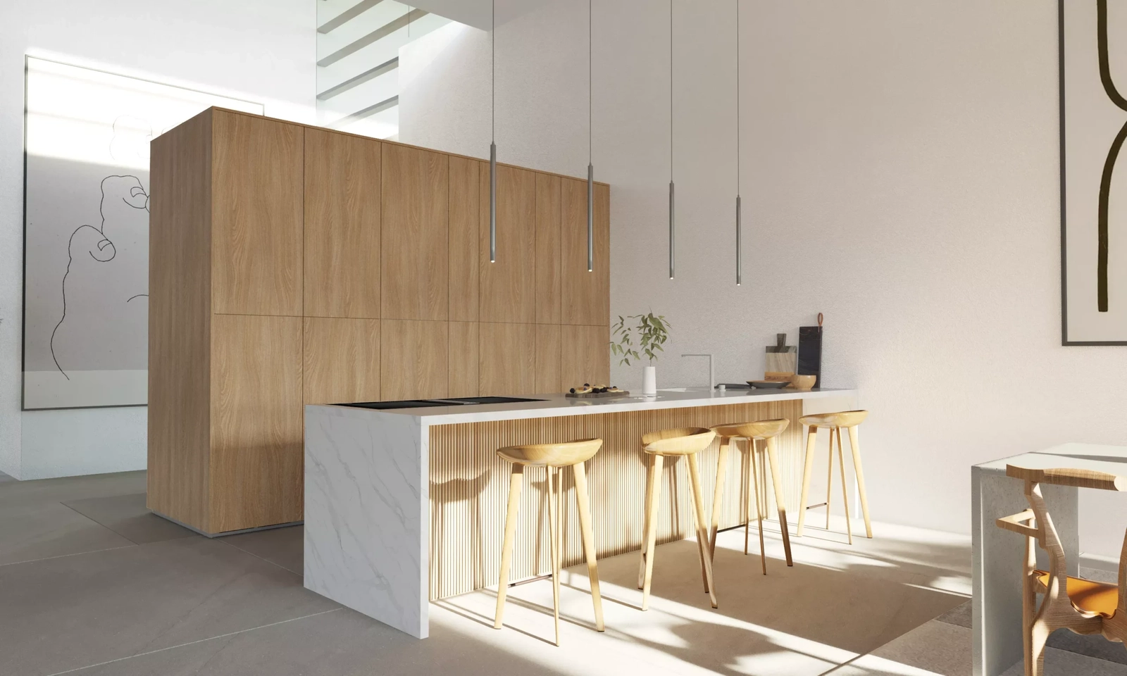 Een moderne, minimalistische keuken met een groot eiland, die functionaliteit combineert met high-end design.