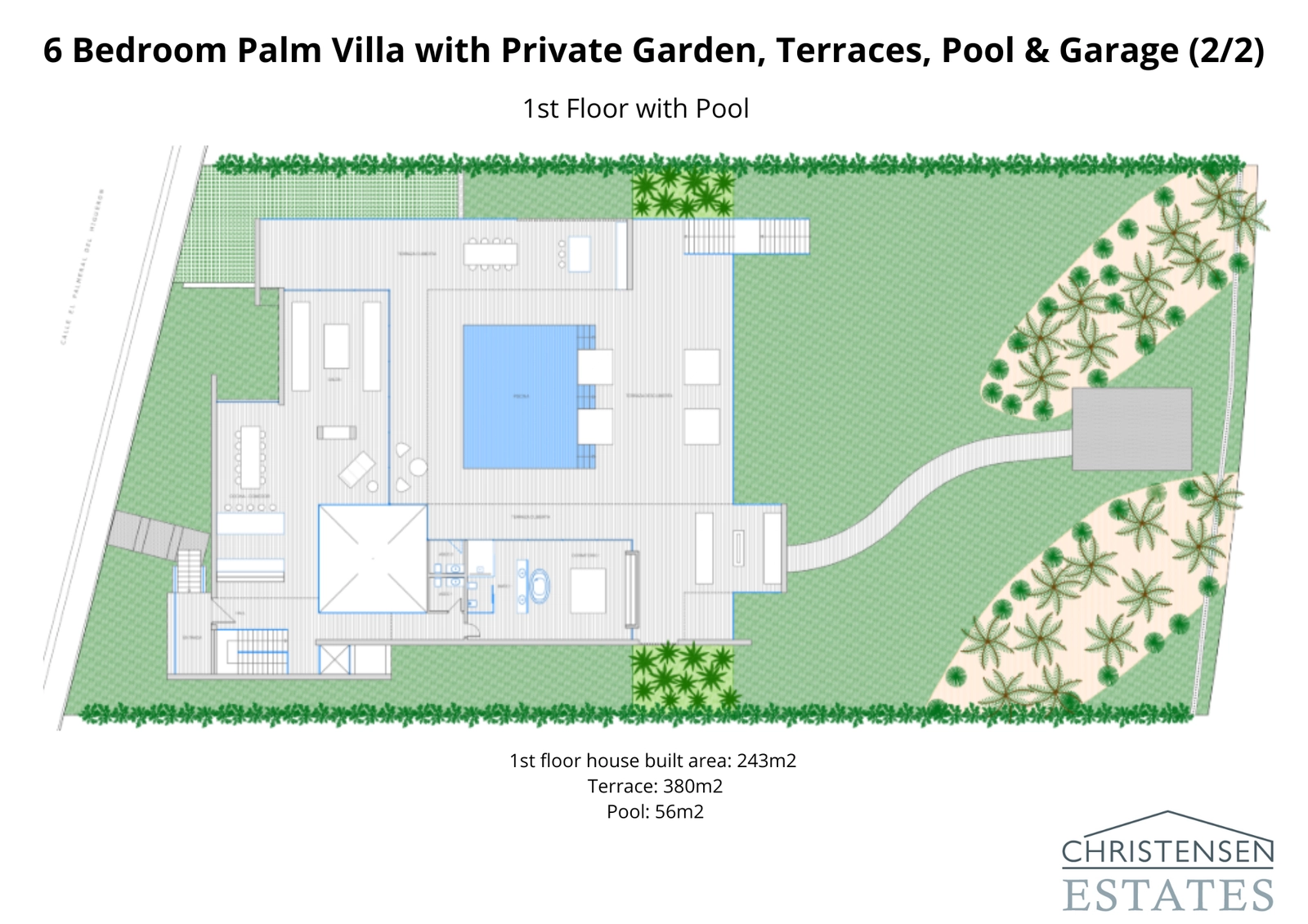Plattegrond van de eerste verdieping met de belangrijkste leefruimtes, hoofdslaapkamersuite en een uitgestrekt terras met zwembad, ontworpen voor naadloos binnen-buitenleven.