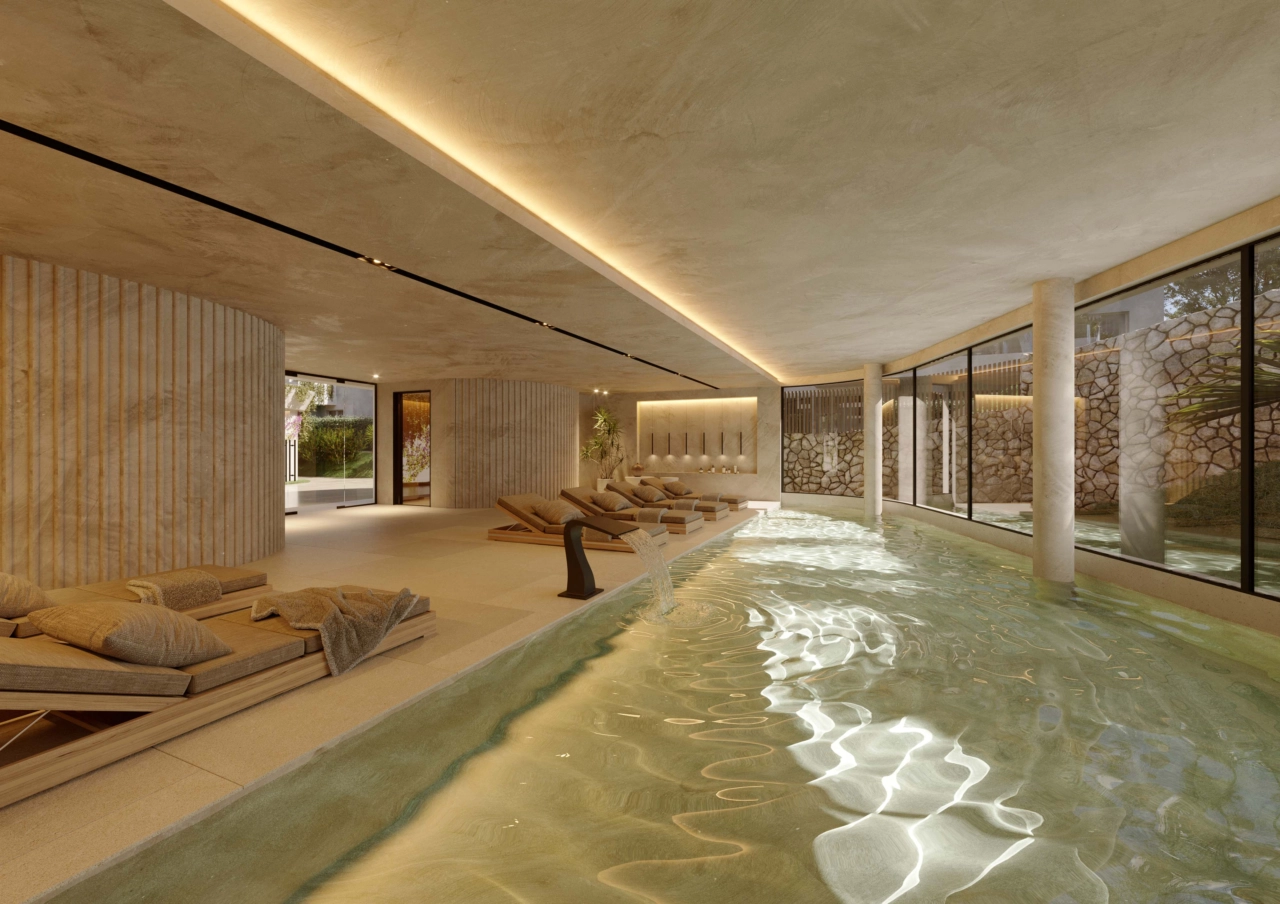 De binnenspa beschikt over een verwarmd zwembad en ligstoelen, en biedt bewoners een vredige ontsnapping.