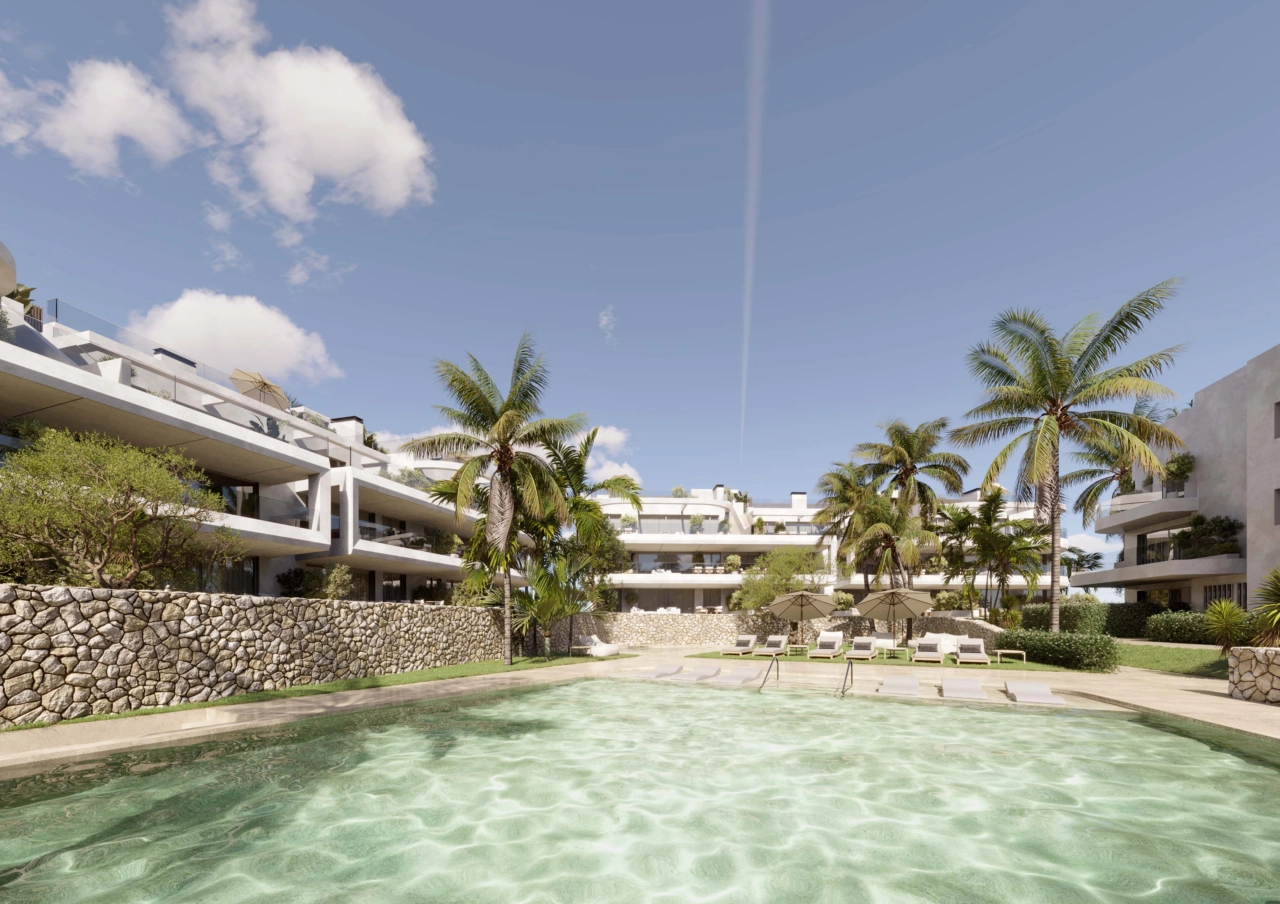 Het uitnodigende gemeenschappelijke zwembad ligt in aangelegde tuinen en creëert een privé-oase waar bewoners van kunnen genieten.