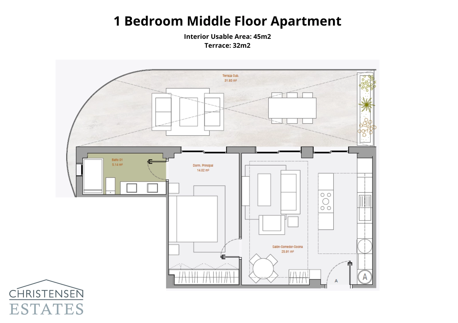 Plattegrond voor een stijlvol appartement met 1 slaapkamer. Het ontwerp kenmerkt zich door een slimme indeling die de 45m² interieurruimte maximaliseert en aansluit op een royaal terras van 32m² voor perfect binnen-buitenleven.