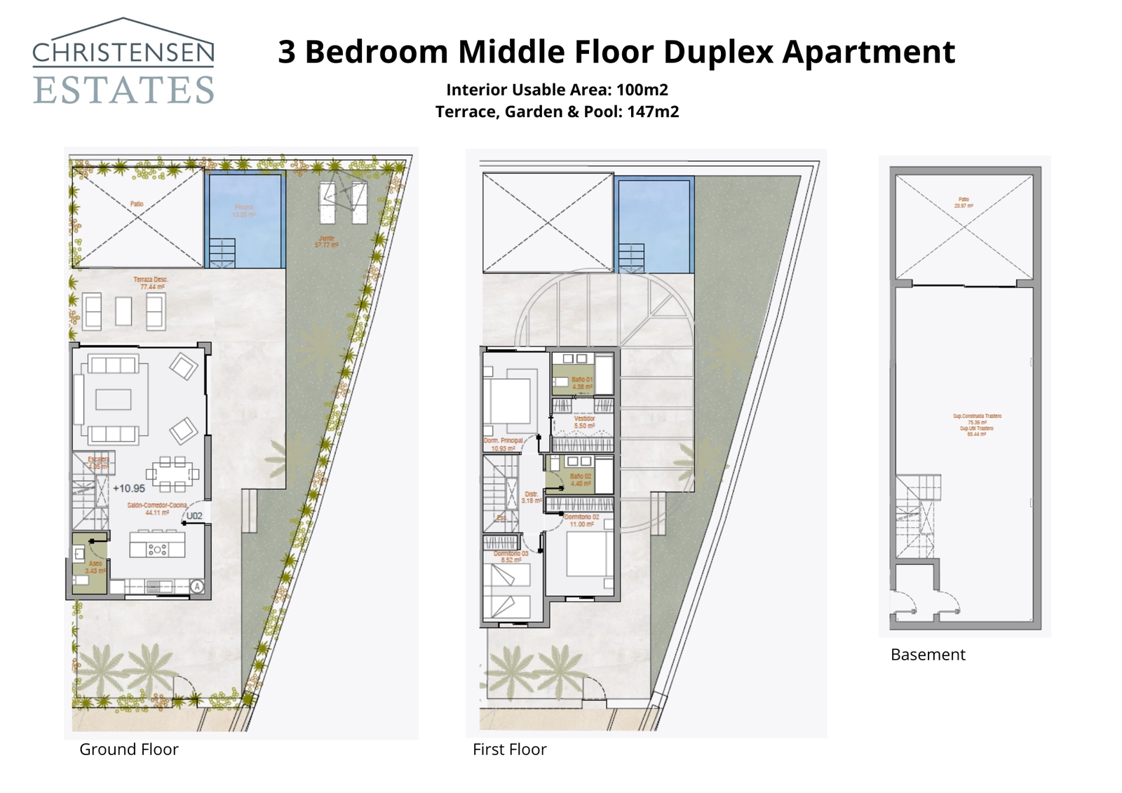 Deze duplexindeling met 3 slaapkamers biedt 100m² woonruimte verdeeld over twee verdiepingen, plus een kelder. Het omvat een uitgestrekte buitenruimte van 147m² met een privétuin en zwembad.