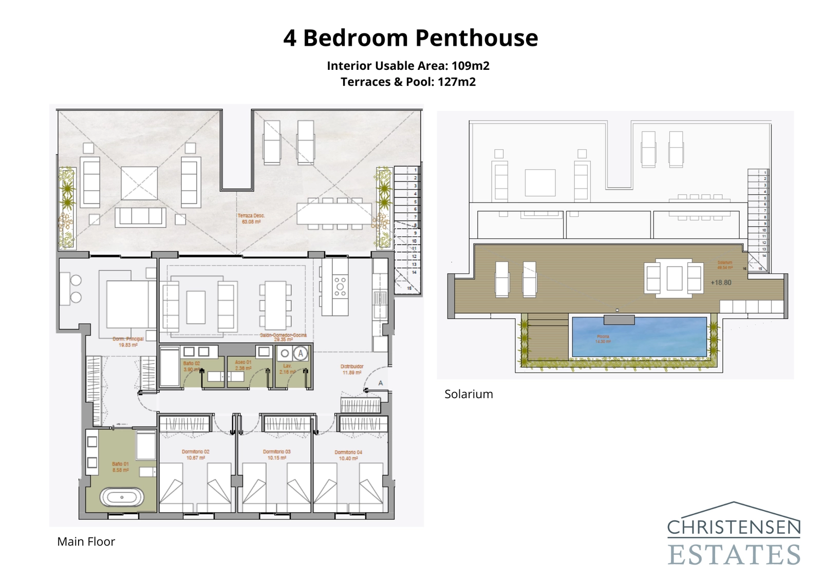 De ultieme penthouseplattegrond met 4 slaapkamers, met een hoofdverdieping van 109m² en een prachtig dakterras van 127m² met een privézwembad, ontworpen voor luxueus wonen en entertainen.