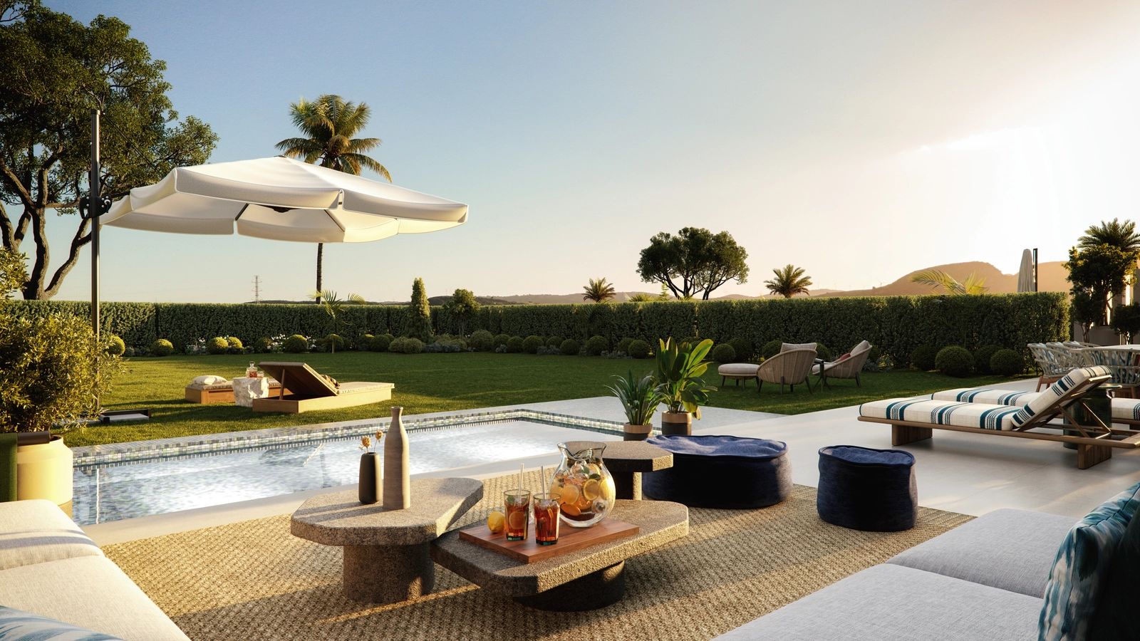 Geselecteerde woningen op de begane grond beschikken over privétuinen en zwembaden voor ultieme ontspanning.