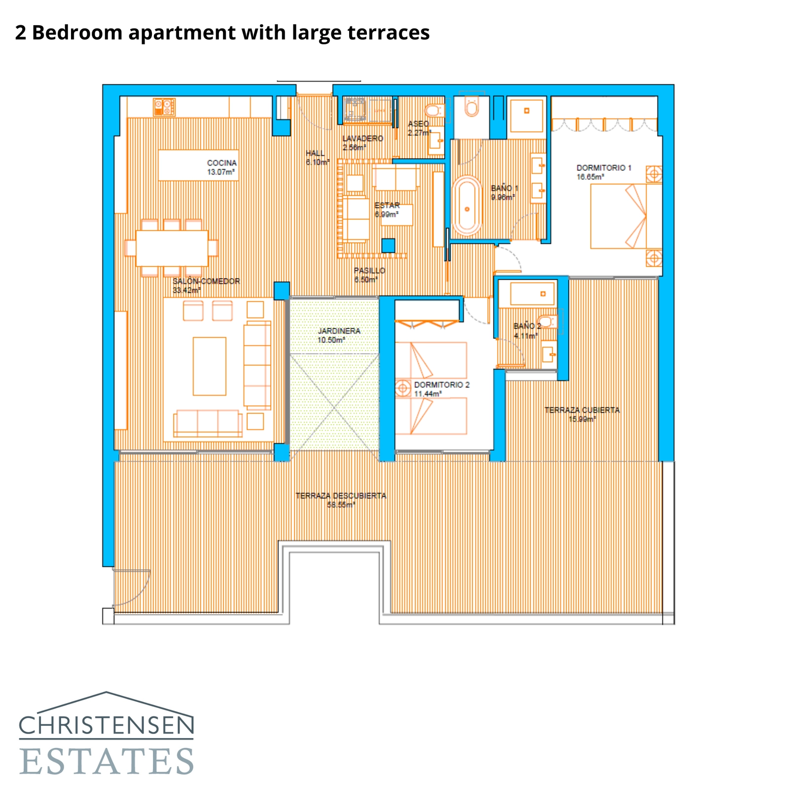 Deze indeling met twee slaapkamers is ontworpen voor comfort, met ruime woonruimtes en grote terrassen om van het klimaat van de Costa del Sol te genieten.