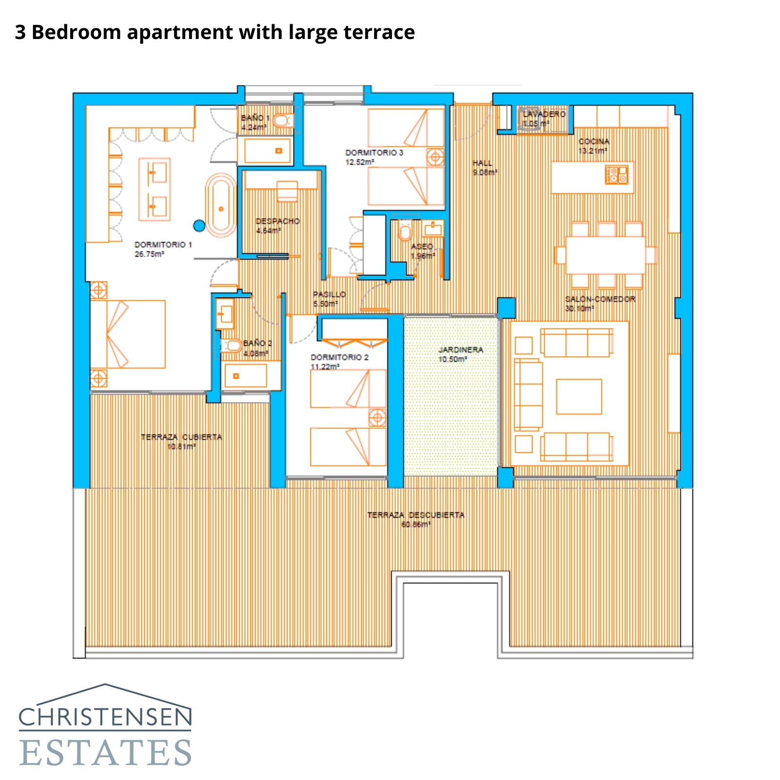 Een goed ingedeeld appartement met drie slaapkamers, dat royale binnenruimtes en een uitgebreid terras biedt voor ontspanning en vermaak.