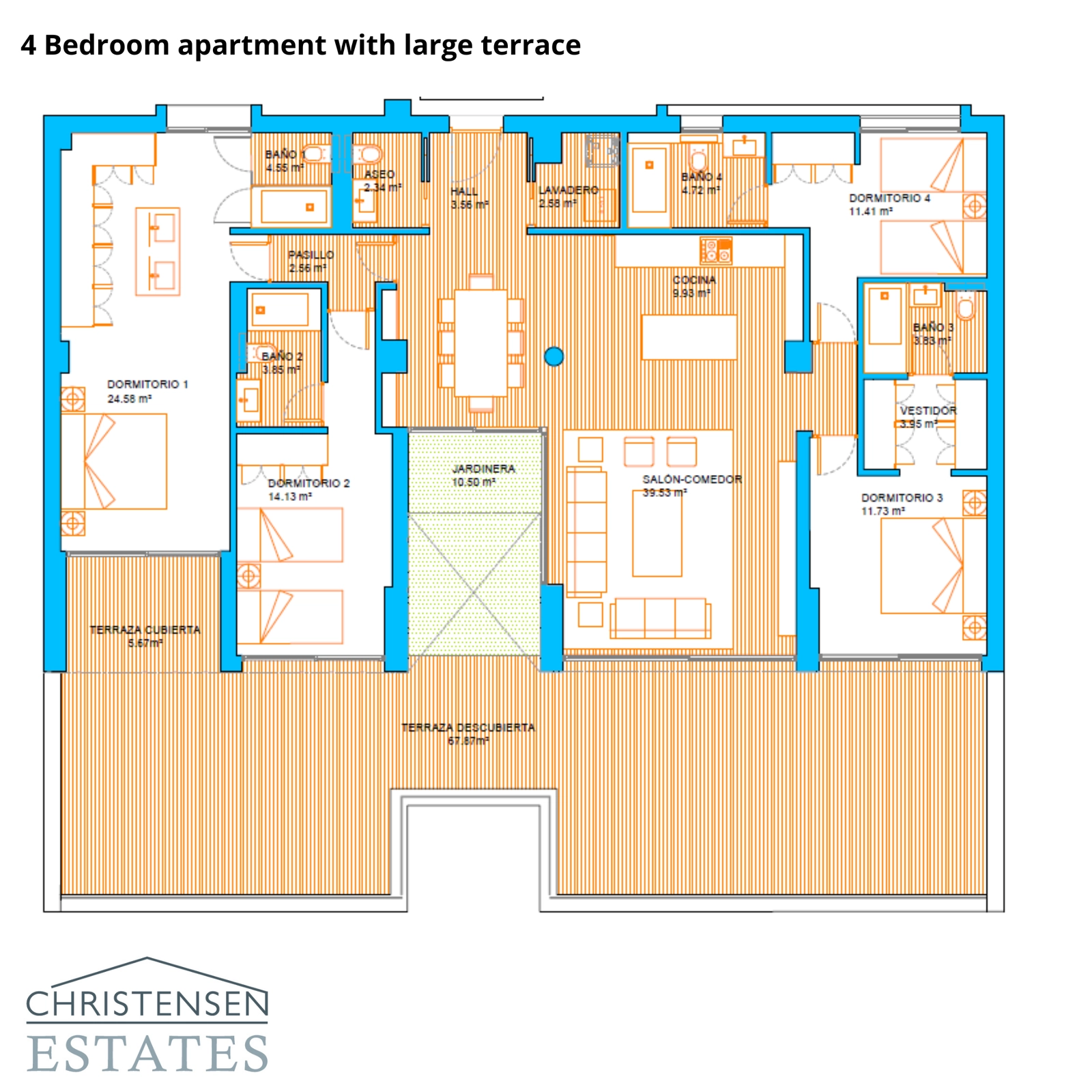 De plattegrond met vier slaapkamers biedt volop ruimte voor gezinswonen, met een slimme indeling die licht en privacy maximaliseert.