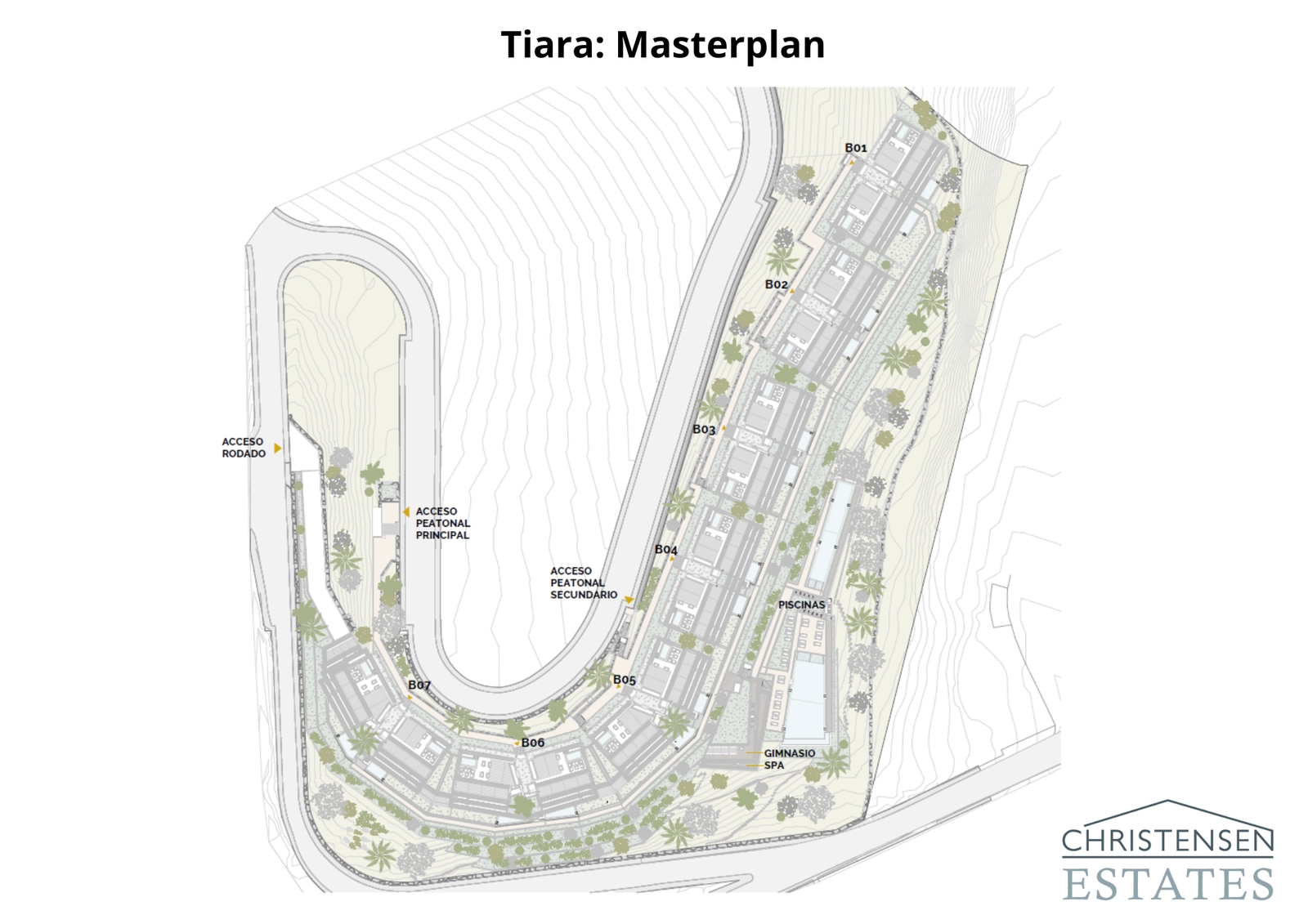 Het masterplan illustreert de doordachte positionering van de zeven woonblokken om het uitzicht, de privacy en de toegang tot de gemeenschappelijke tuinen en zwembaden te maximaliseren.