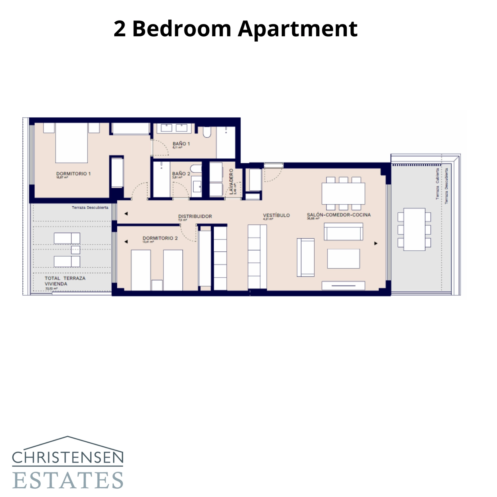 Deze plattegrond toont een appartement met twee slaapkamers, ontworpen voor comfort met een ruim terras.