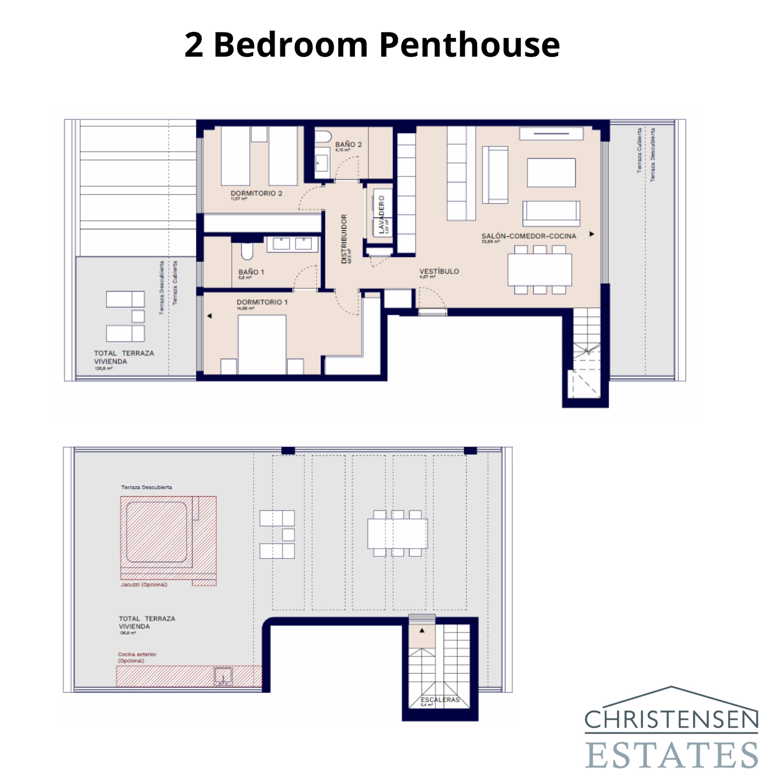 De plattegrond van het tweeslaapkamer penthouse beschikt over een uitgestrekt dakterras met een optionele jacuzzi.