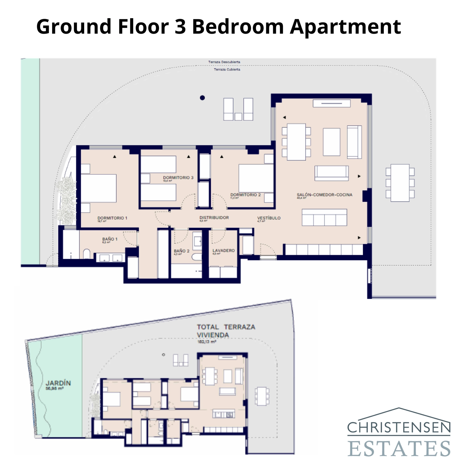 Een plattegrond van een drieslaapkamer appartement op de begane grond, met nadruk op de grote privétuin en het overdekte terras.