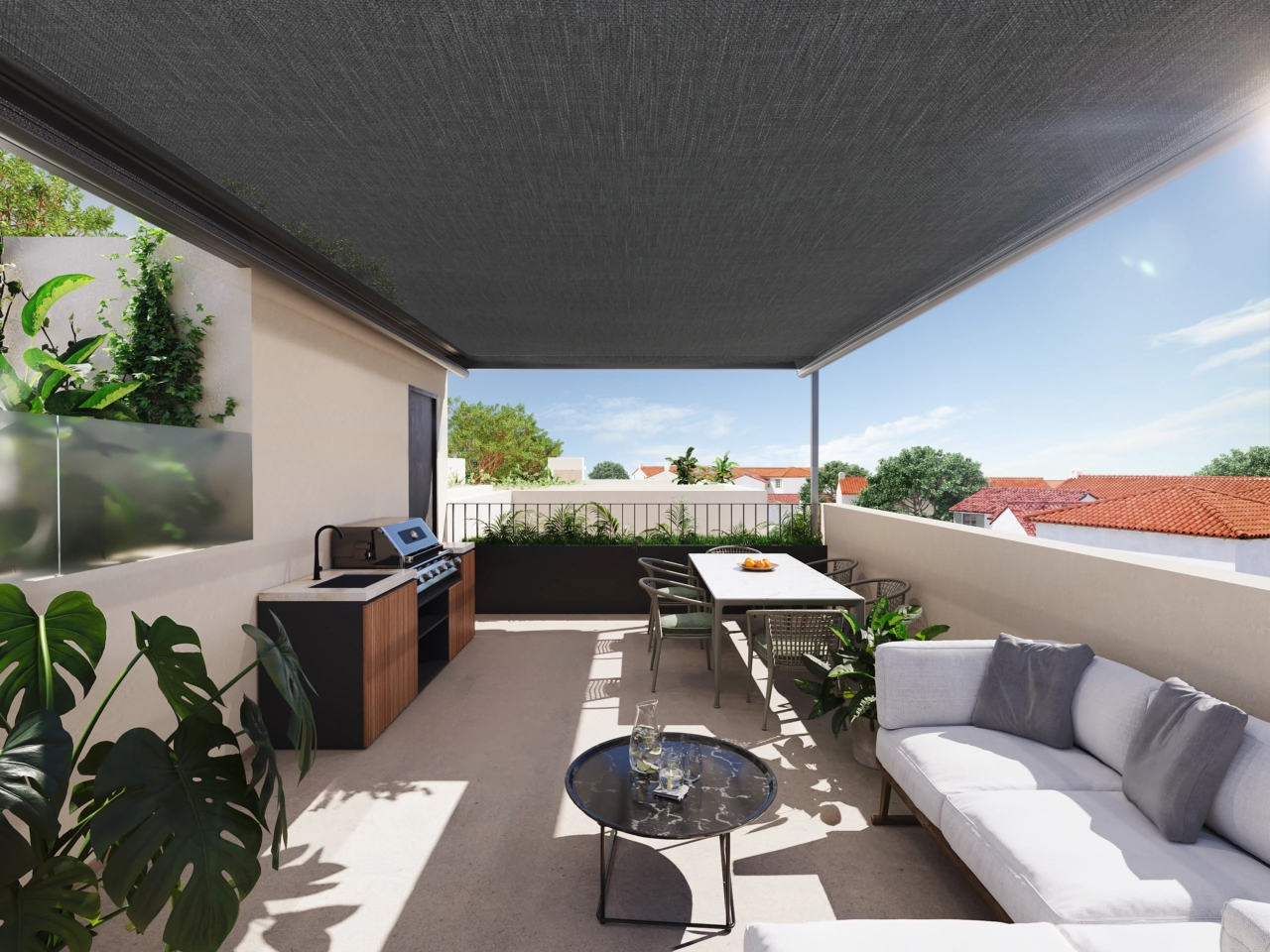 Het ruime dakterras is perfect voor buiten dineren en het ontvangen van gasten.