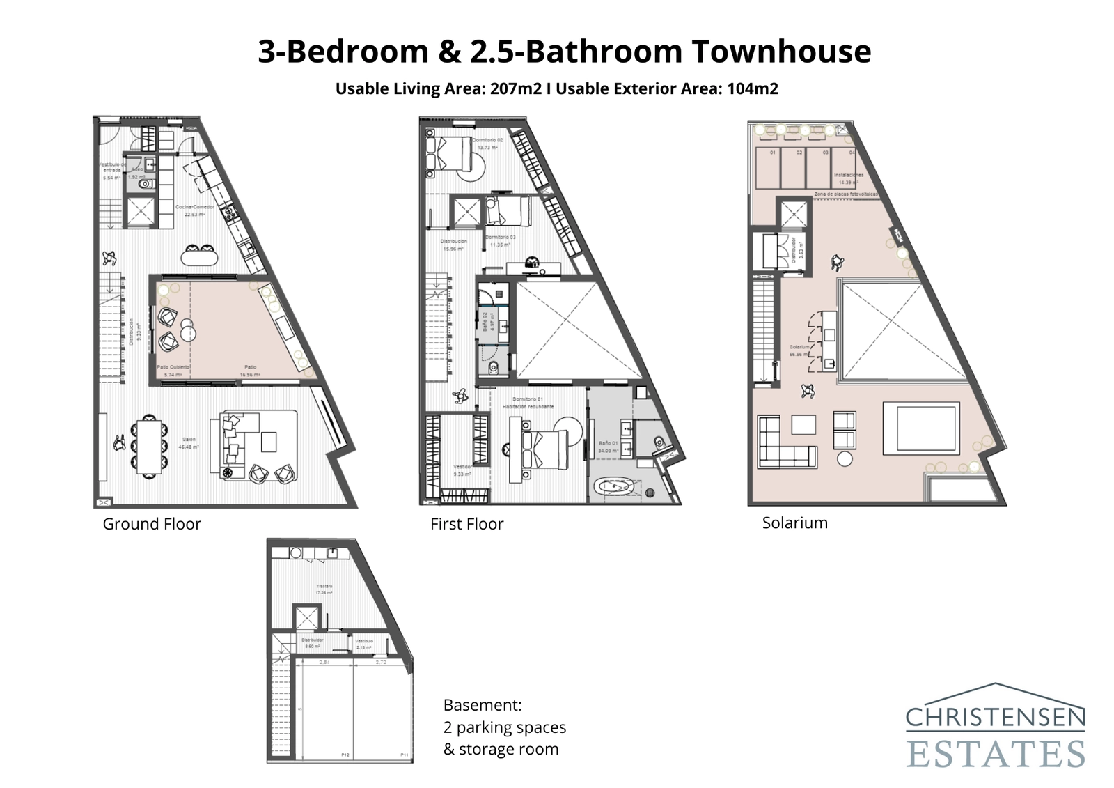 Een alternatieve indeling met 3 slaapkamers die de intelligente ruimteverdeling en de naadloze verbinding met de privépatio en terrassen toont.