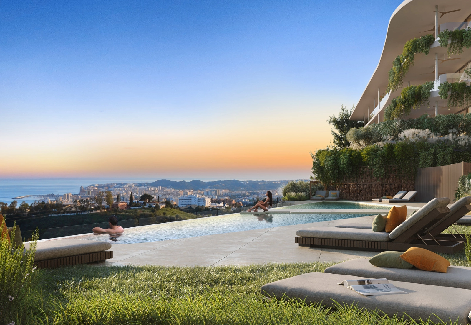 Ontspan bij een van de zes infinity zwembaden, met een prachtig panoramisch uitzicht over de kustlijn van de Costa del Sol.