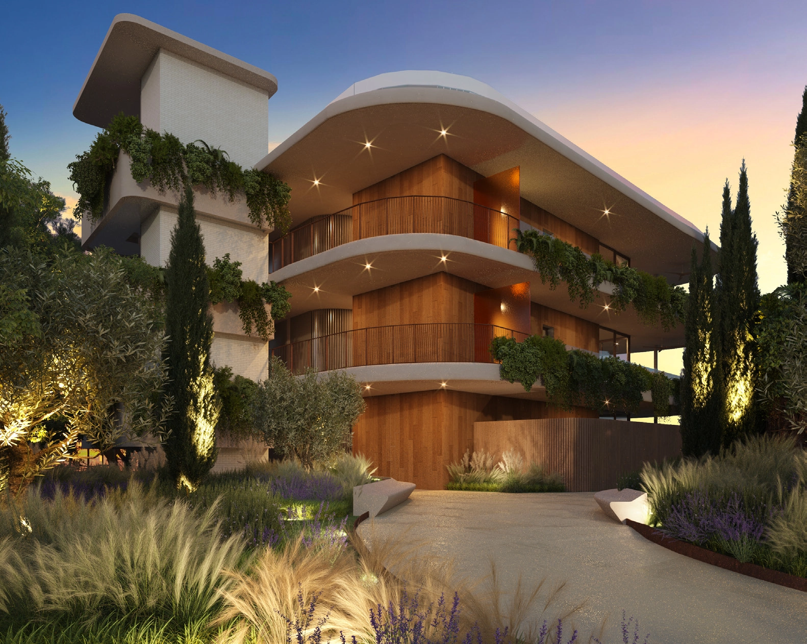 De avant-gardistische architectuur van het project harmonieert met de natuurlijke omgeving, waardoor een unieke en exclusieve sfeer ontstaat.