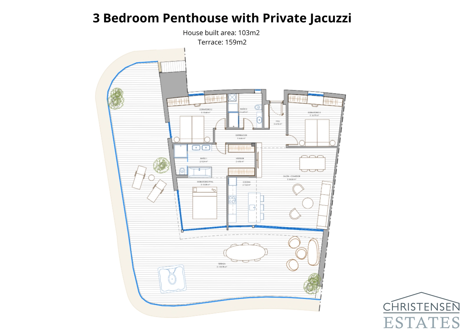 Het royale penthouse-plan met 3 slaapkamers toont een uitgestrekt terras rondom met een privé jacuzzi, ontworpen voor ultieme luxe en privacy.