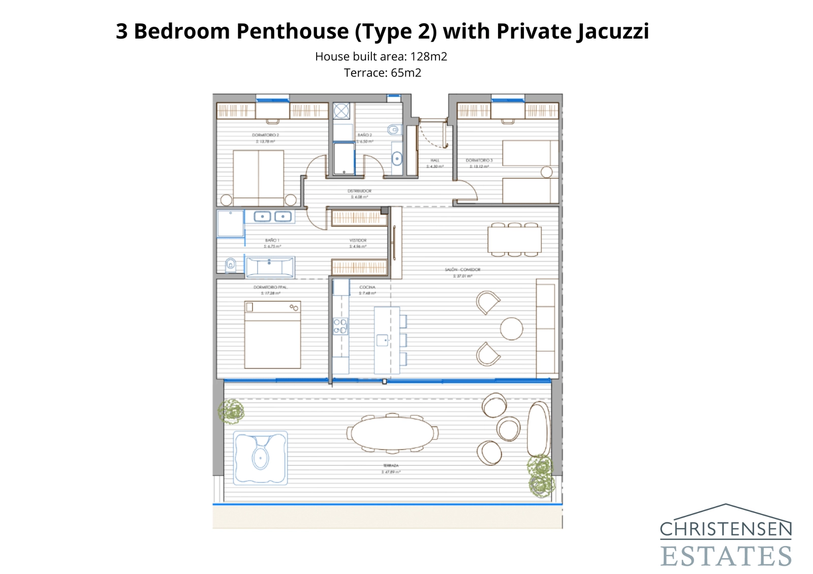 Een doordacht ontworpen penthouse-plattegrond met 3 slaapkamers met geïntegreerde binnen-buiten woonruimtes en premium comfort.