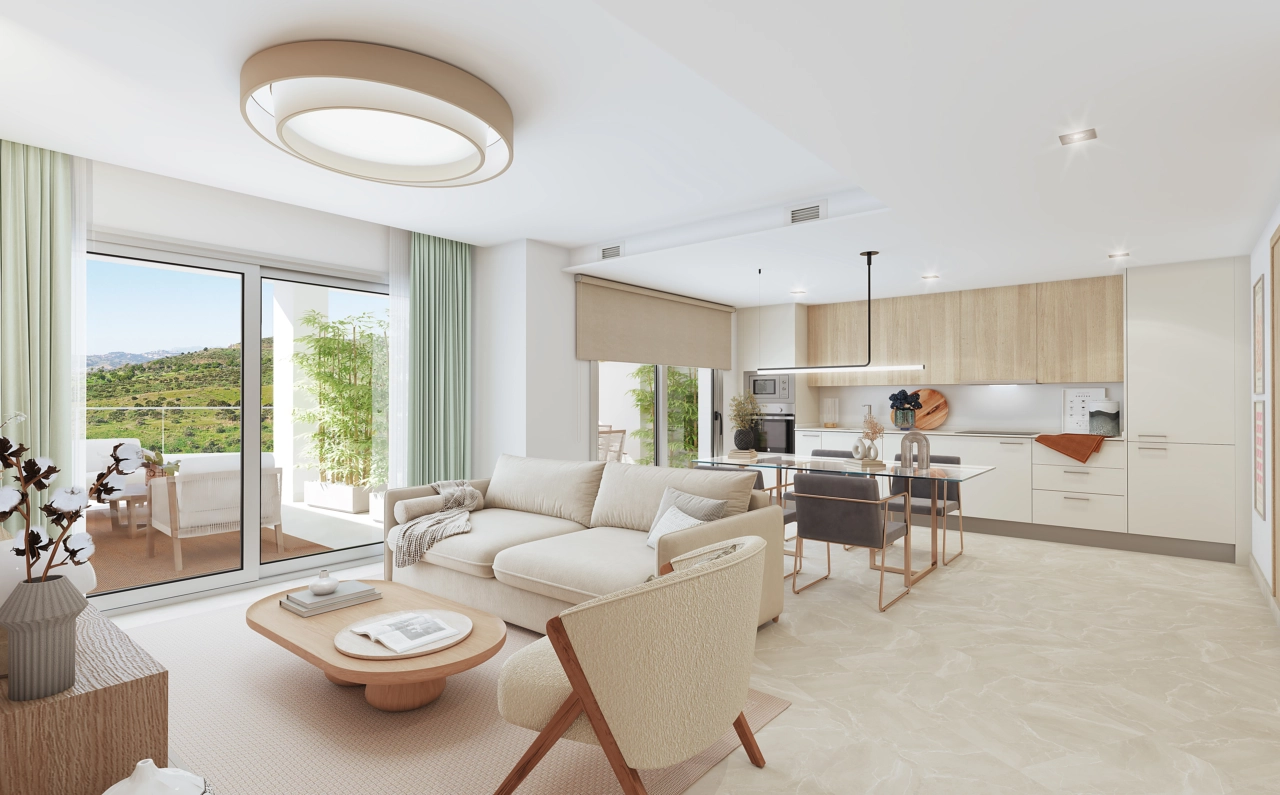 De lichte en ruime open woonkamer, die naadloos aansluit op het terras voor een perfect binnen-buitenleven.