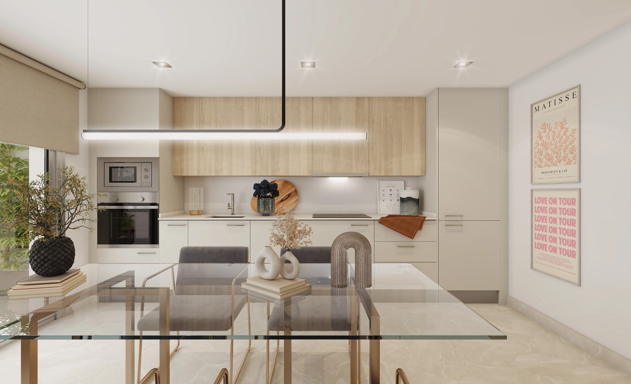 Een moderne, volledig uitgeruste keuken met hoogwaardige apparatuur, ontworpen voor zowel functionaliteit als stijl.