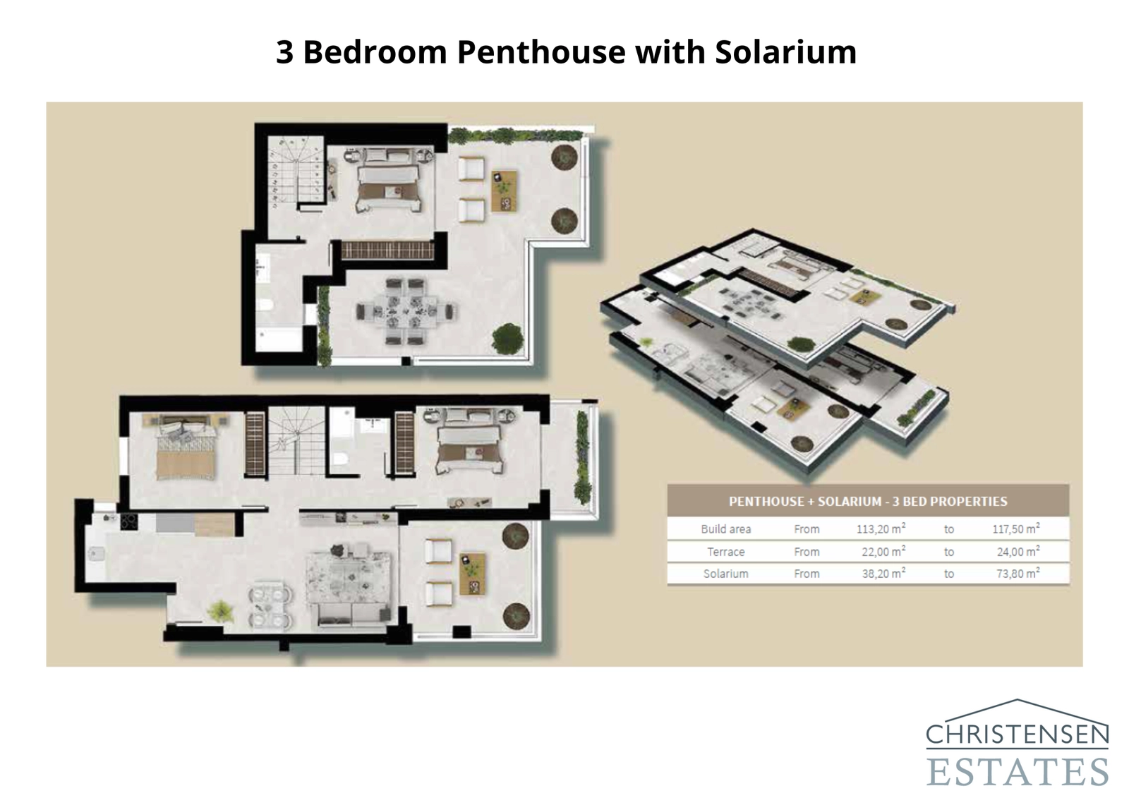 Penthouse met drie slaapkamers en solarium: De meest ruime woning, met drie comfortabele slaapkamers en een prachtig privé dakterras (solarium) met panoramisch uitzicht.
