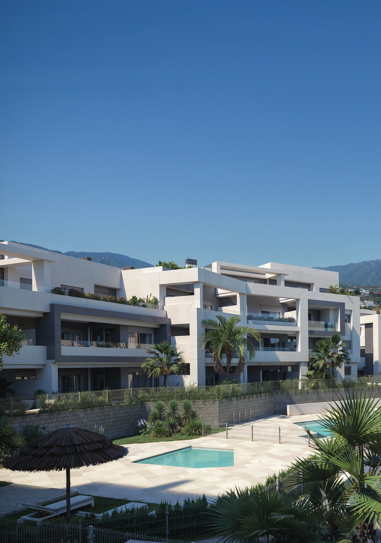 Een uitzicht op de elegante woongebouwen omringd door volgroeid groen.