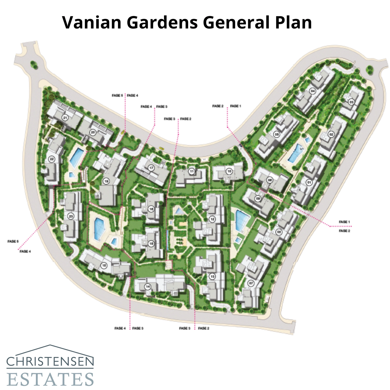 Een overzicht van de indeling van het complex, met de uitgestrekte groene zones, zwembaden en de positionering van de woongebouwen.