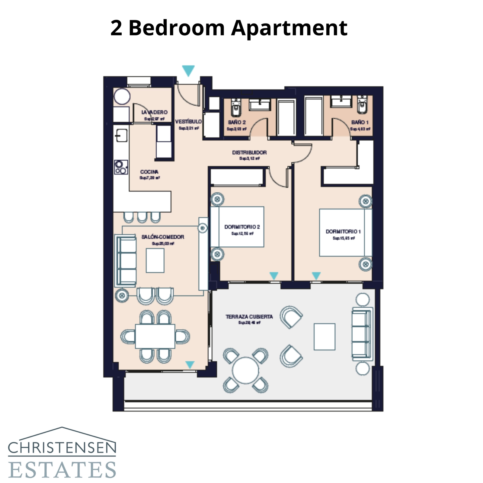 Deze indeling met twee slaapkamers kenmerkt zich door een slim ontwerp met een open woonkamer, twee badkamers en een groot overdekt terras om van het klimaat te genieten.