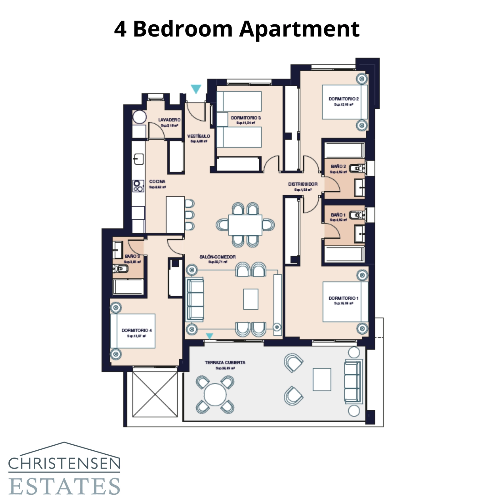 Het appartement met vier slaapkamers biedt voldoende ruimte voor familie en gasten, met een functionele indeling die woon- en slaapgedeeltes scheidt voor privacy en comfort.