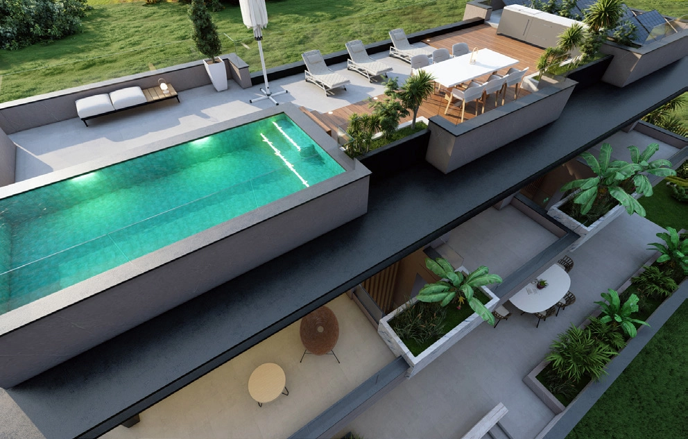 Het solarium op het dak beschikt over nog een zwembad en voldoende ruimte om te dineren, te entertainen of gewoon te ontspannen in de zon.