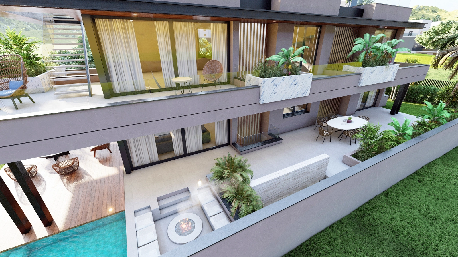 Meerdere terrassen op verschillende niveaus bieden veelzijdige buitenruimtes voor elke gelegenheid, van rustige ochtenden tot levendige bijeenkomsten.