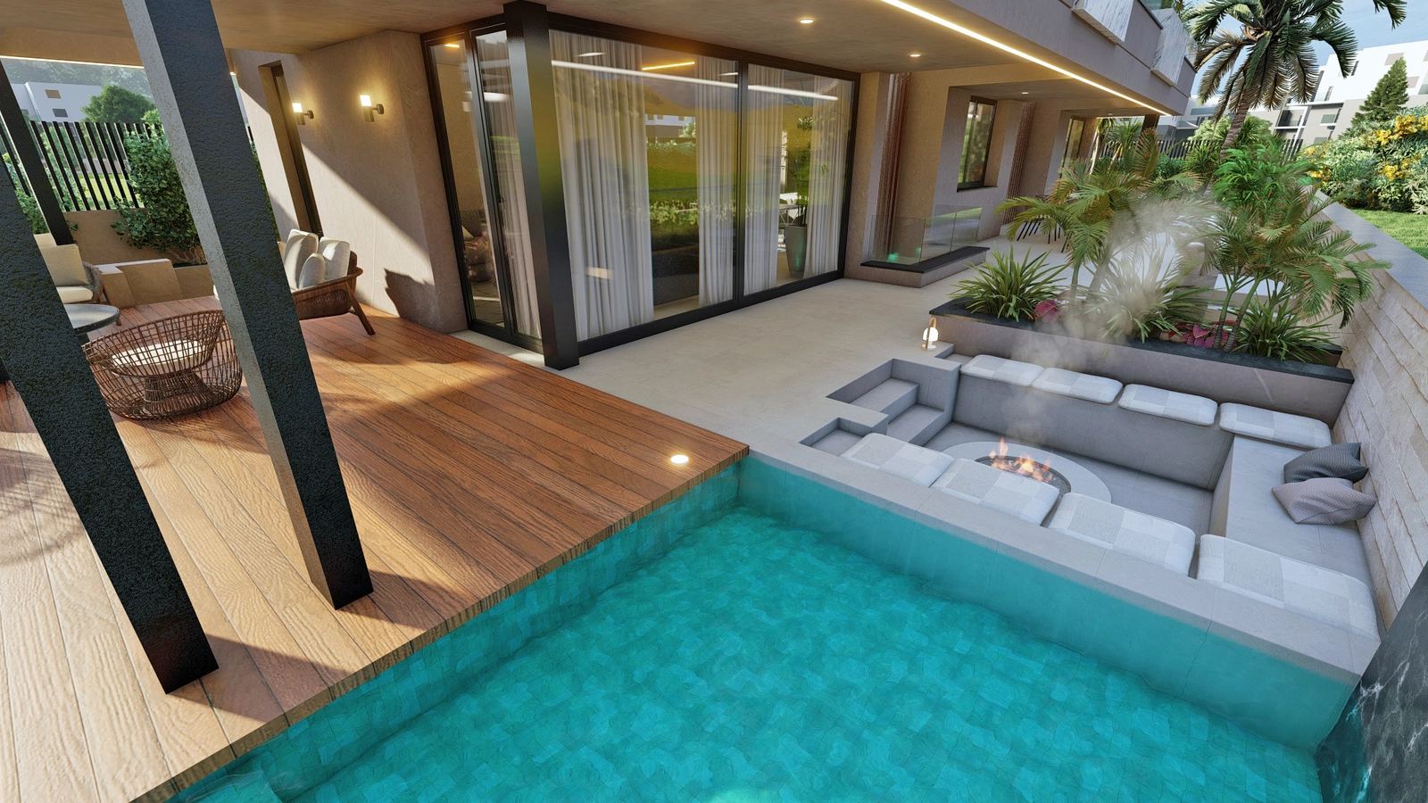 Een uitnodigende verzonken lounge met een vuurplaats, perfect om op koele avonden samen te komen met vrienden en familie.