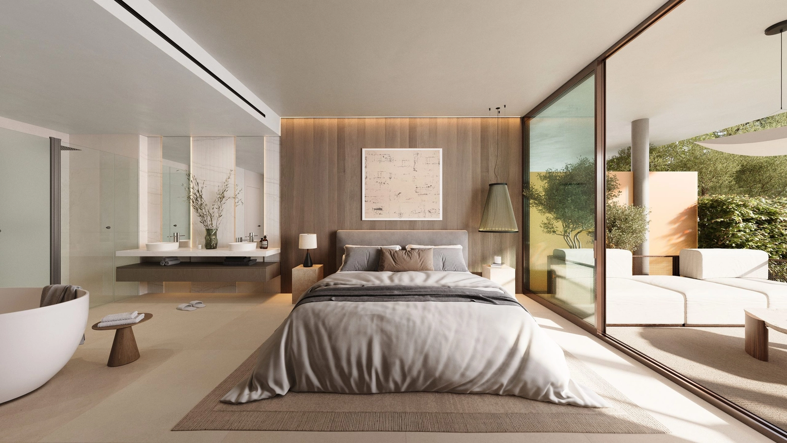 Elegant ontworpen hoofdslaapkamer die aansluit op een luxueuze badkamer, wat een privé en ontspannen sfeer creëert.