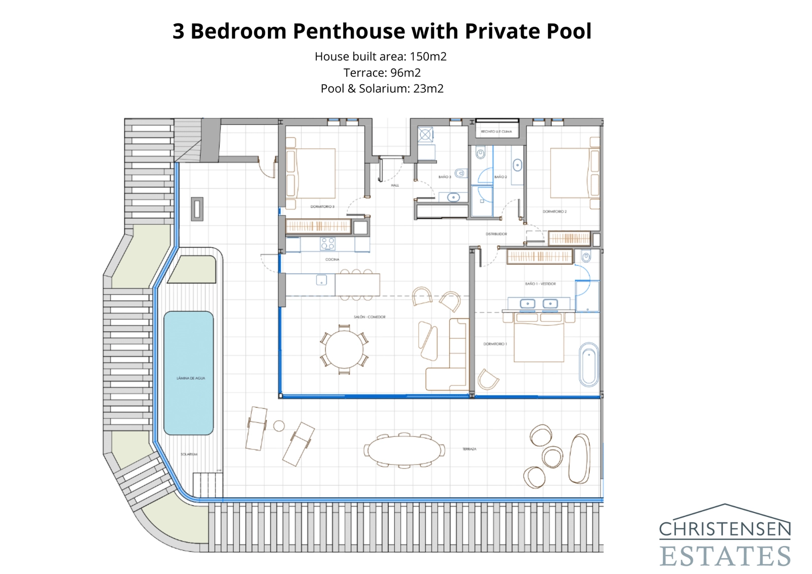 Plattegrond van het penthouse met drie slaapkamers, met een royaal terras, privézwembad en intelligente interieurindeling voor een luxueus leven.