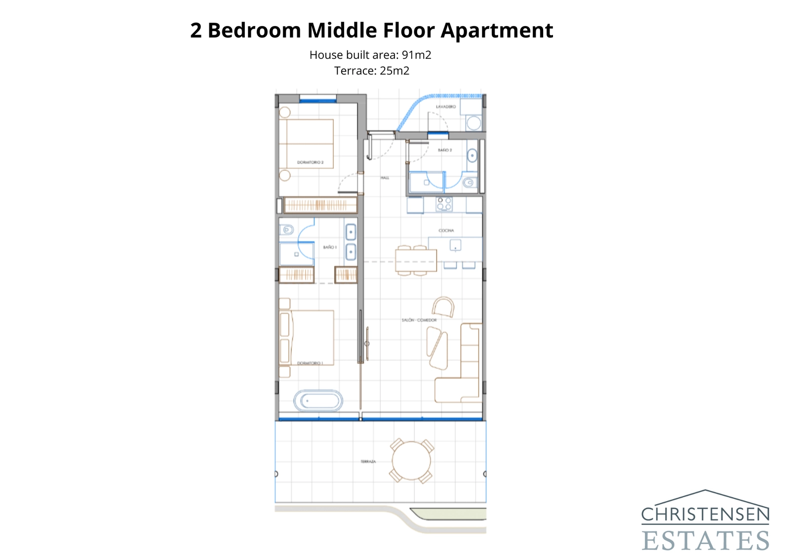 Plattegrond van een appartement met twee slaapkamers op een tussenverdieping, met een functionele indeling en een ruim terras met uitstekend uitzicht.