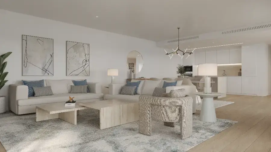 De elegante open woon- en eetkamer omvat een moderne, volledig uitgeruste keuken.