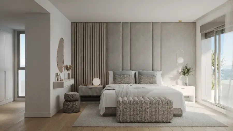 De hoofdslaapkamer is een vredig toevluchtsoord, ontworpen met elegantie en comfort in gedachten.