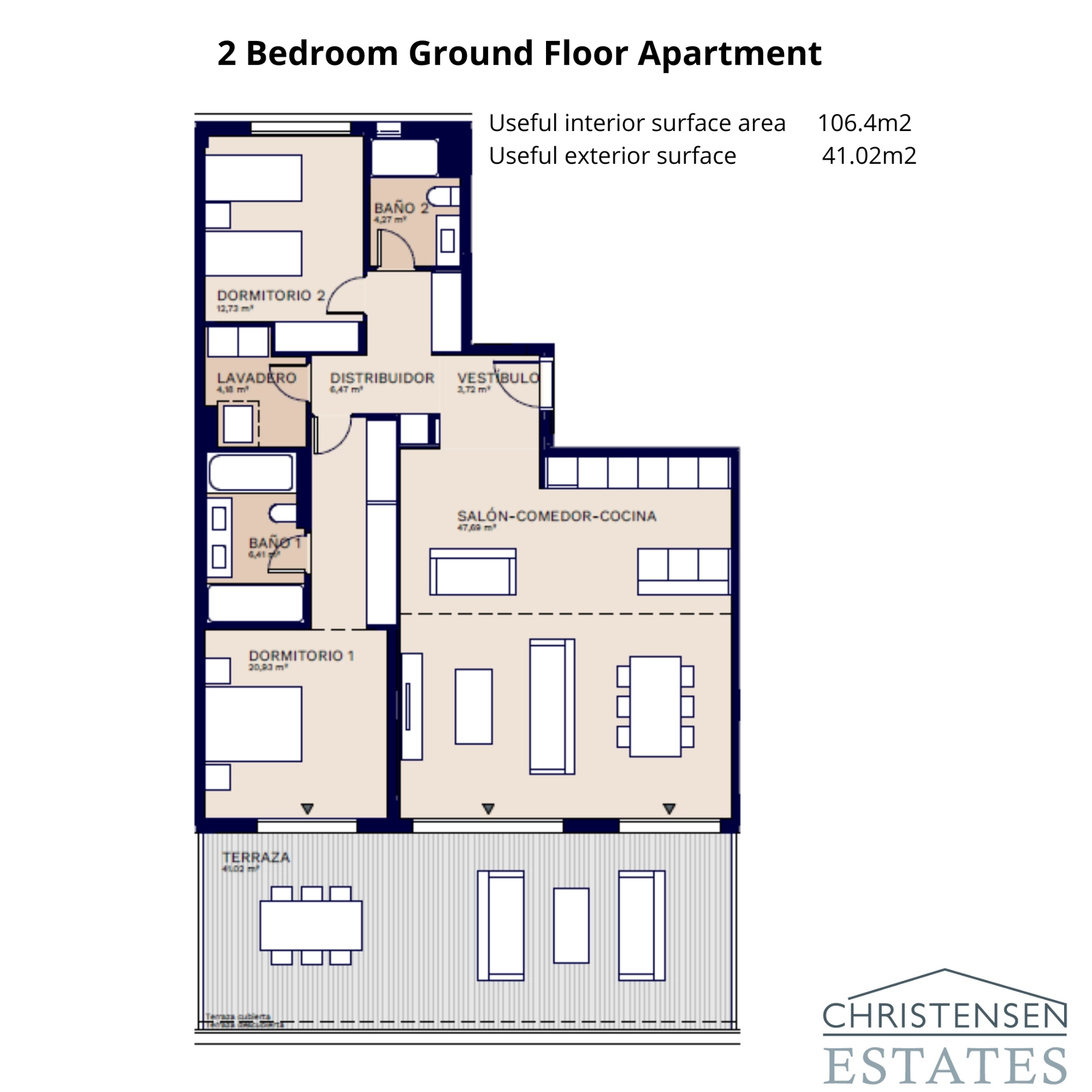 Dit goed ontworpen appartement met twee slaapkamers op de begane grond heeft een ruim terras voor buitenleven.