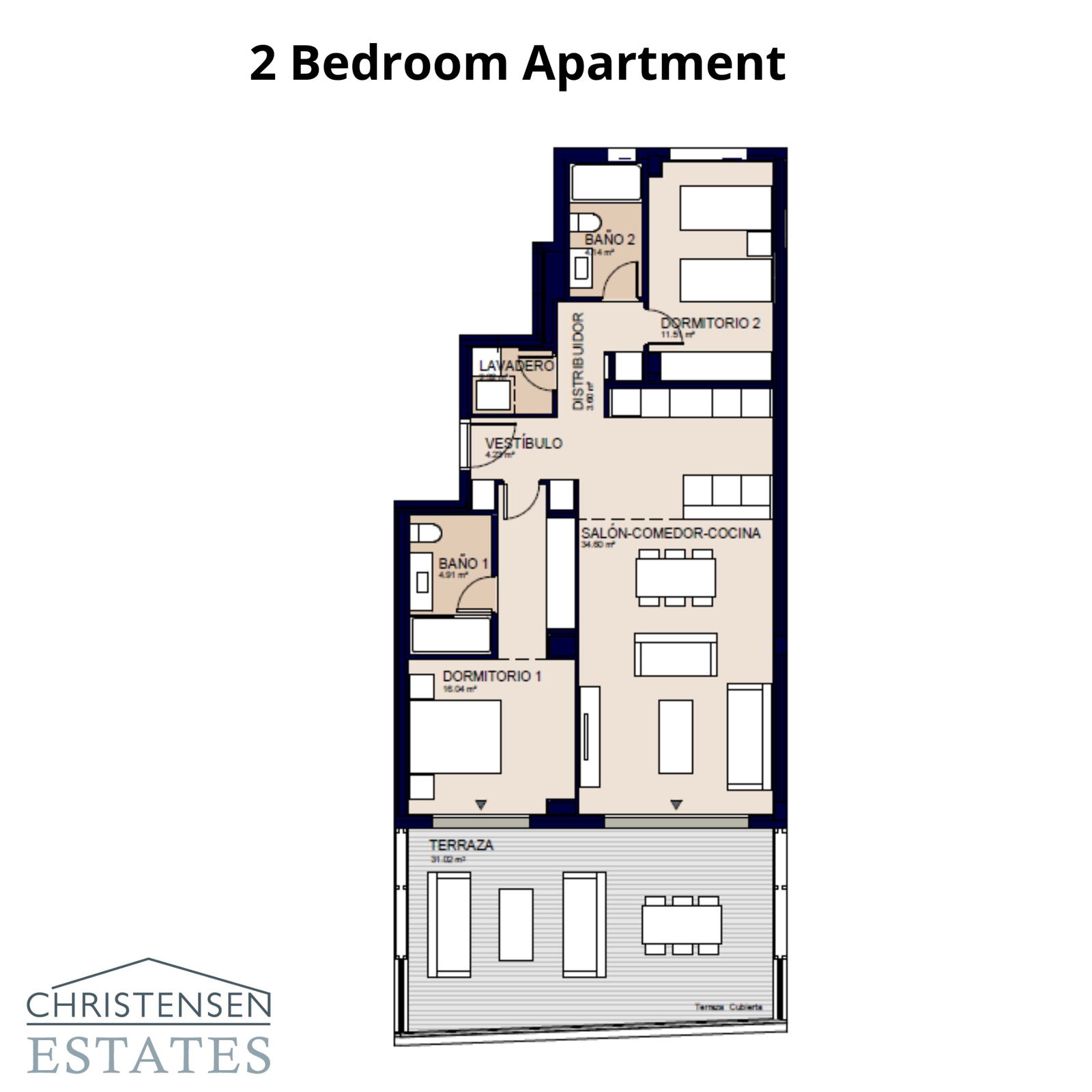 Deze plattegrond met twee slaapkamers toont een praktisch en ruim ontwerp, met een open woonruimte die uitkomt op een groot terras.