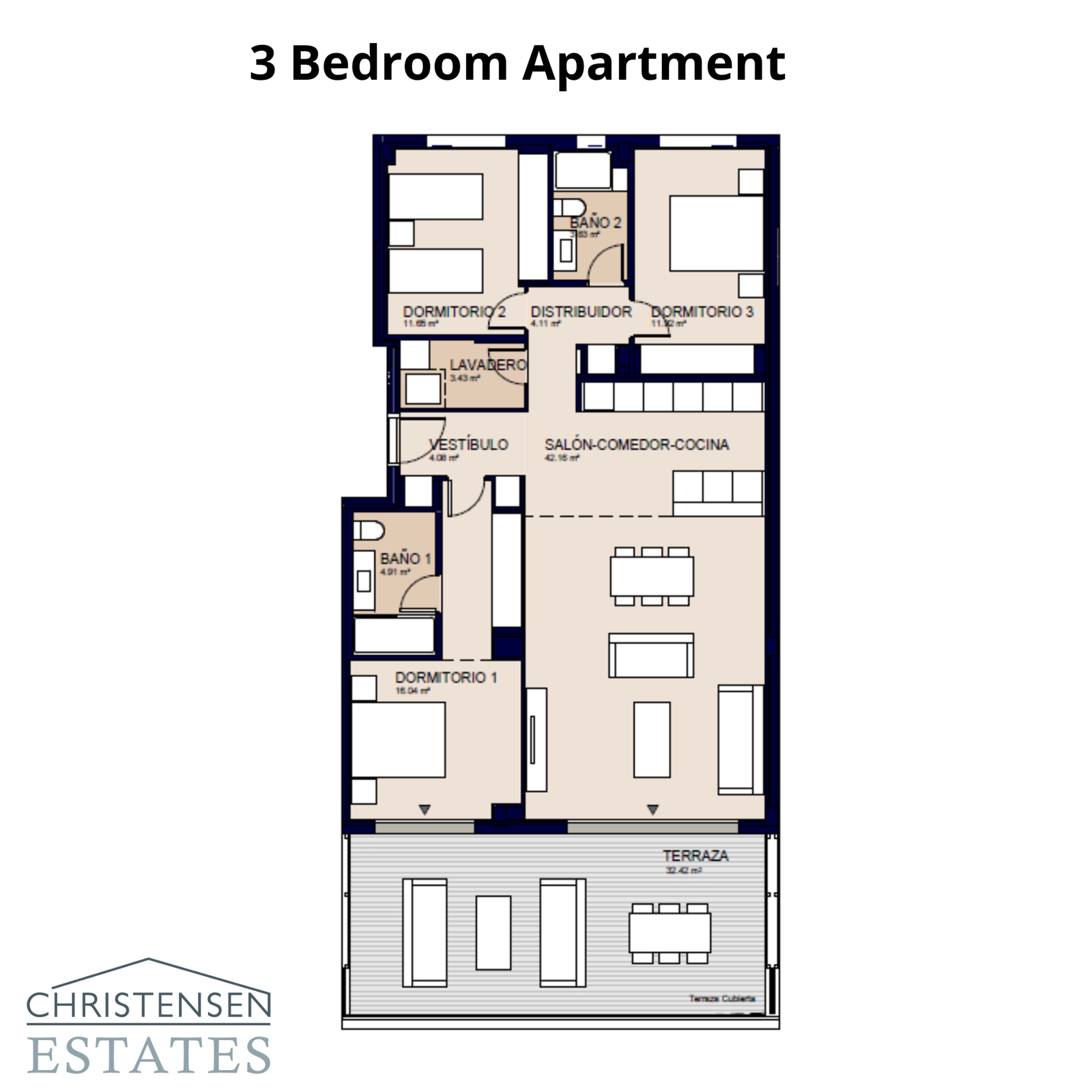De plattegrond met drie slaapkamers biedt ruime accommodatie voor gezinnen, met een royale hoofdslaapkamer en een naadloze overgang tussen binnen- en buitenleven.