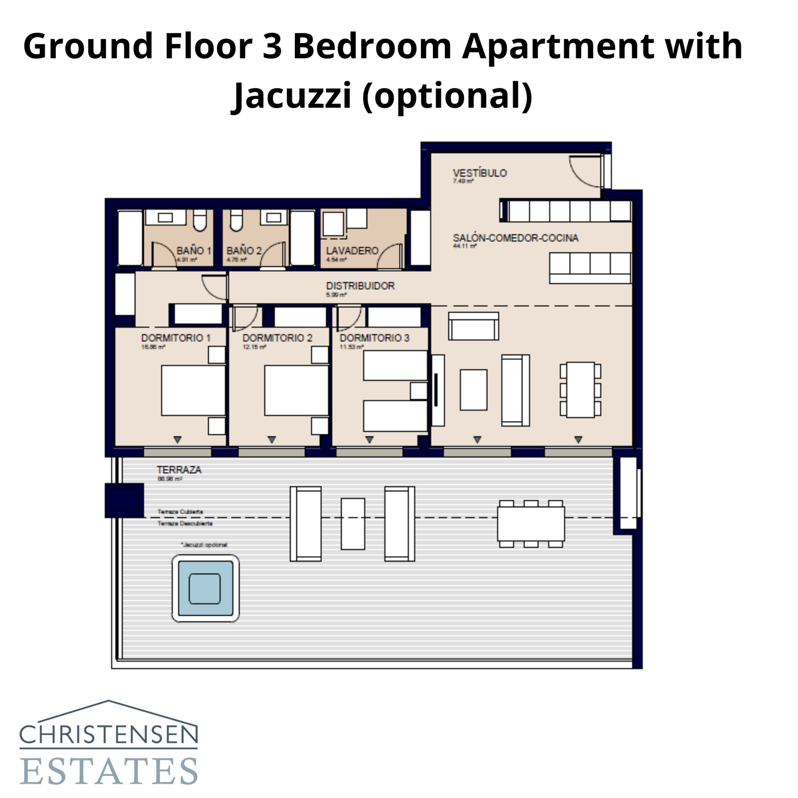 Een ruime gelijkvloerse woning met drie slaapkamers, met een privétuin en een groot terras, en de optie voor een eigen jacuzzi.