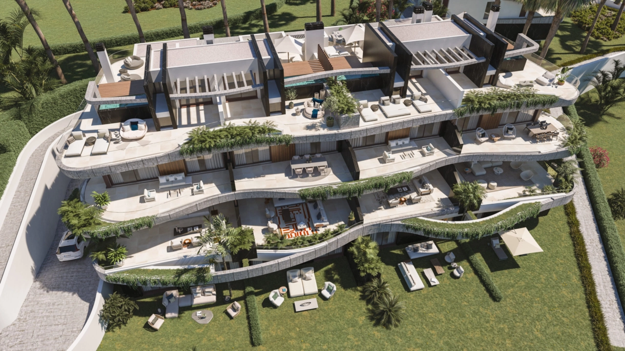 Een luchtfoto die het innovatieve ontwerp en de uitgestrekte privéterrassen van deze duplexwoningen toont.