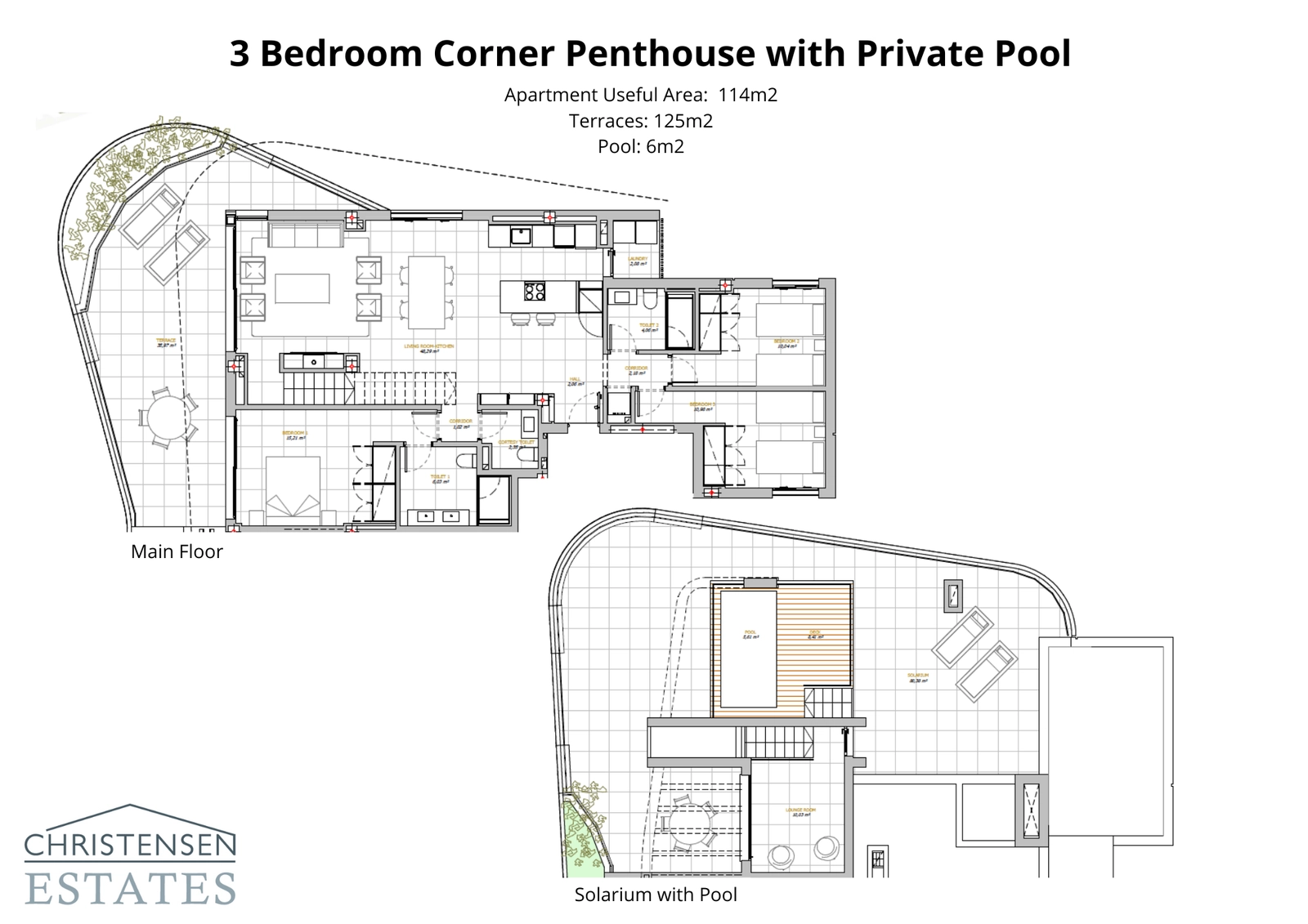 Verken de riante hoekpenthouse met drie slaapkamers, met royale woonruimtes en een prachtig solarium met een privézwembad voor ultieme luxe en privacy.