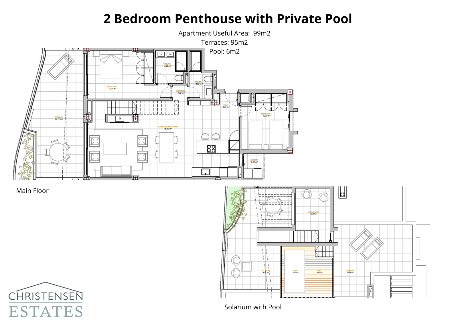Een goed ontworpen penthouse-plattegrond met twee slaapkamers, compleet met een groot terras en een dakterras met solarium en privézwembad om te genieten van het klimaat van de Costa del Sol.